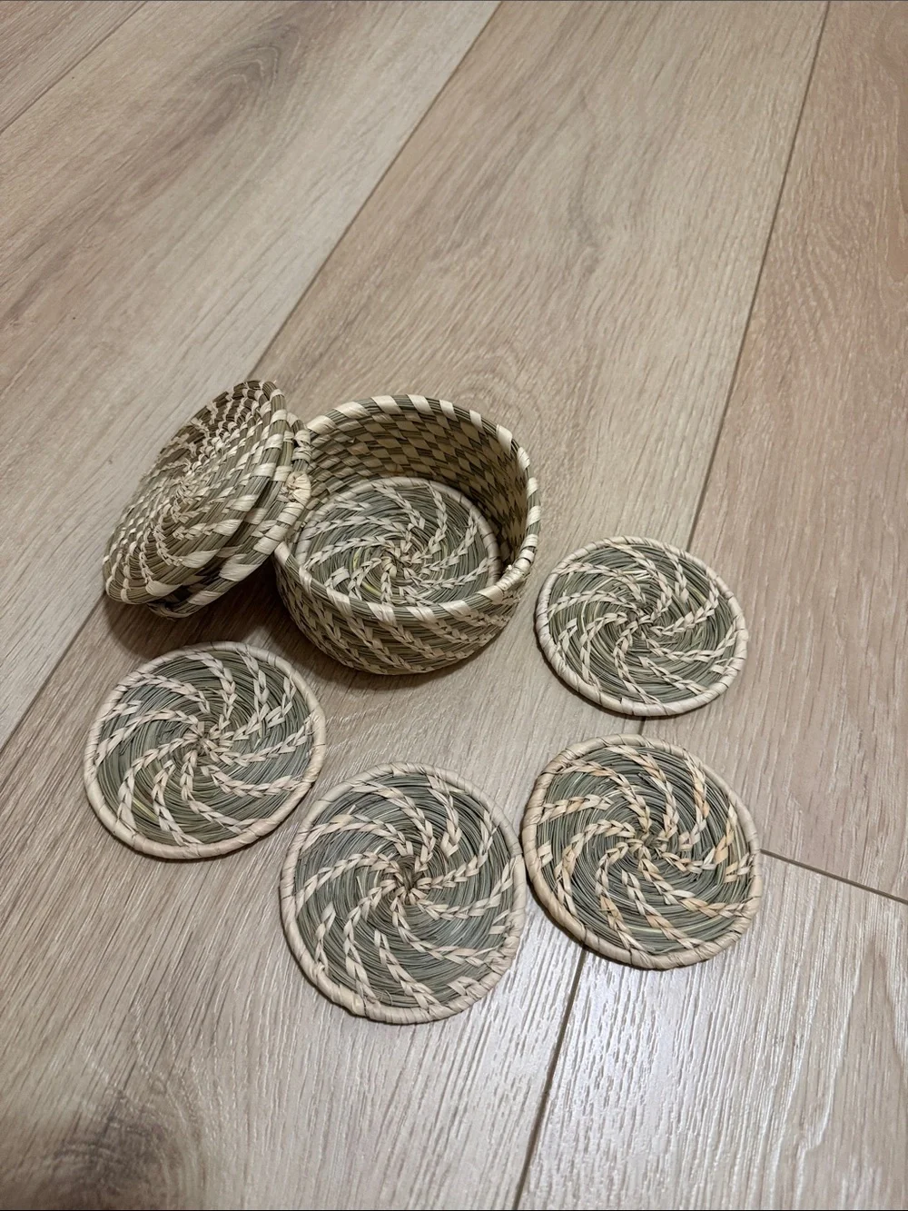 Handwoven Natural & Sage Round Coaster Set with Lidded Basket